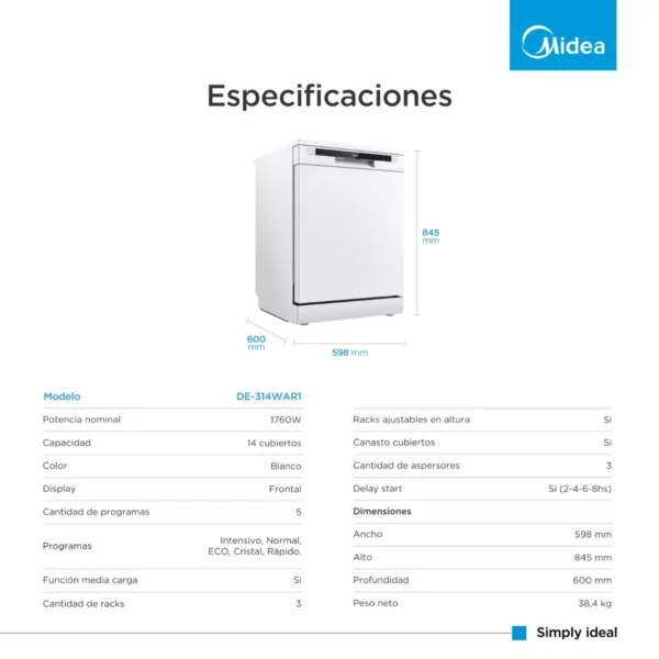 Lavavajillas Midea 14 Cubiertos Blanco